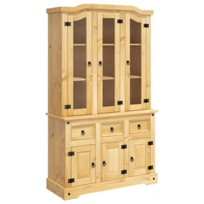 Image of vidaXL Solid Pine Highboard Sideboard Cupboard Brown Corona Range with Metal Handles for Living Room, Dining Area Farmhouse Style Storage Cabinet Shelves, Drawers, and Glass Doors
