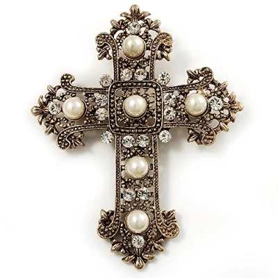 Image of Avalaya Large Victorian Filigree Imitation Pearl Crystal Cross Brooch (Antique Gold)