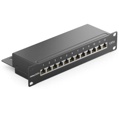 Image of deleyCON CAT6 Network Panel 12 Port Desktop 10 Inch Rack Integration Server Mounting Shielded 12x RJ45 Ports TIA568A TIA568B Black