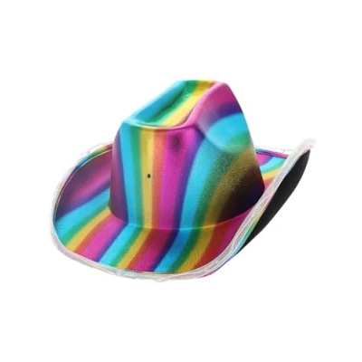 Image of Smiffys LED Light Up Metallic Cowboy Hat, Rainbow, Party &amp; Carnival Fancy Dress, Western Dress Hats