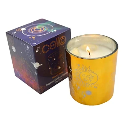 Image of Cello Celestial Scented Candle with Clear Quartz Gemstones. A Stunning Metallic Gold Crystals. Ideal Candles, Candles for Men &amp; Gifts Women.