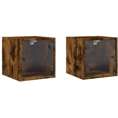 Image of vidaXL Bedside Cabinets with Glass Doors 2 pcs Smoked Oak 35x37x35 cm