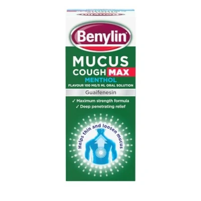 Image of Benylin Mucus Cough Max Menthol Flavour, Helps to Clear Chest from Day 1, Medicine for Adults, 100 mg/5 ml Oral Solution, 150