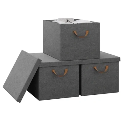 Image of WOLTU Storage Boxes with Lids, Foldable Clothes Handles, Basket Blanket Box Wardrobe Organiser, Set of 3 Grey Fabric Boxes, 48x36x30cm