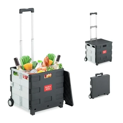 Image of Relaxdays Shopping Trolley, Foldable, Wheels, Lid &amp; Telescopic Handle, up to 35kg, Cart, Basket, White, 98 x 45 39 cm
