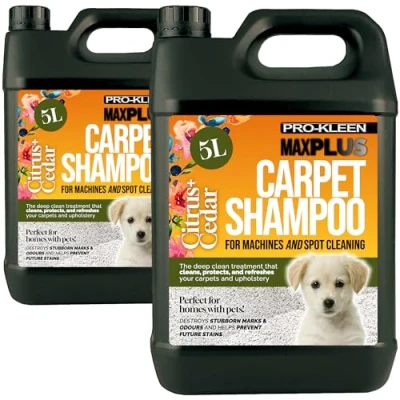 Image of Pro Kleen MAXPLUS Carpet Shampoo &amp; Upholstery Cleaner Premium Formula to Remove Dirt Stains Removes Pet Odours Suitable for all Machines (Citrus Cedar, 2 x 5 Litres)