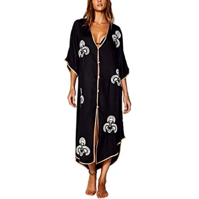 Image of YouKD Summer Cotton Embroidered Floral Loose Cardigan Boho Beach Bikini Cover Up Dress Plus Size Robe for Women Black