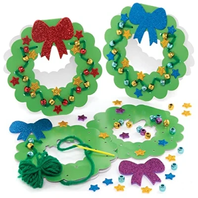 Image of Baker Ross FE919 Christmas Wreath Threading Card Kits Pack of 6, Make Your Own Decorations, Introduction to for Beginners, Educational Crafts Kids