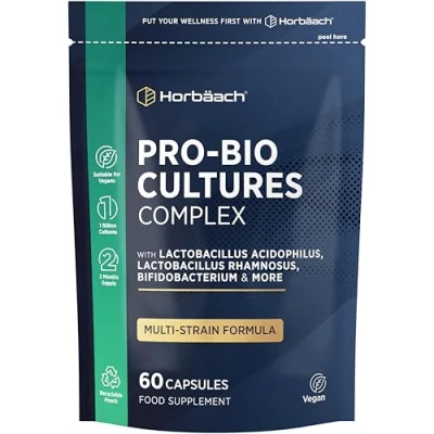 Image of Probiotics for Gut Health Multi Strain with Acidophilus &amp; Bifidobacterium, Lactobacillus Bio Cultures Complex 60 Vegan Capsules by Horbaach