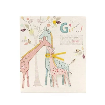 Image of New Baby Girl Card Congratulations Adorable Embroidery Giraffe Design