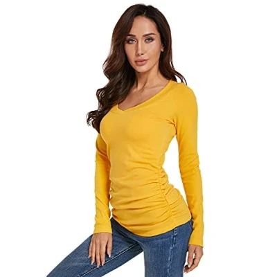 Image of AmélieBoutik Women V Neck Raglan Long Sleeve Ruched Sides Top (Mustard Yellow X Small 8)