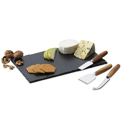 Image of Occasion Slate Cheese Board &amp; 3 Knife Gift Set with Speciality Knives Stainless Steel Acacia Wood Handles in Colour Box