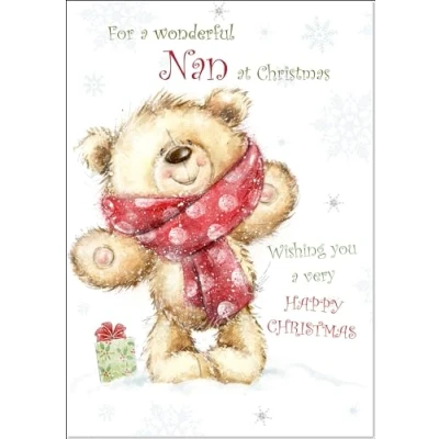 Image of doodlecards Nan Christmas Card Teddy Bear with Red Scarf Medium Size Plain Envelope