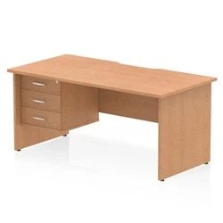 Image of Impulse 1600 x 800mm Scalloped Edge Straight Office Desk Oak Top Panel End Leg Workstation 1 3 Drawer Fixed Pedestal