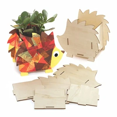 Image of Baker Ross FE646 Hedgehog Wooden Flowerpot Craft Kits Pack of 3, Make Your Own Flower Pot, Planting Pots for Children to Decorate, Creative Autumn Activities Kids