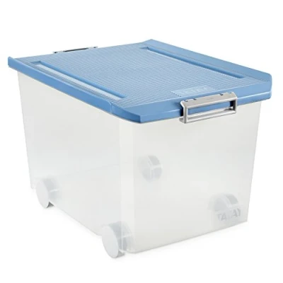Image of TATAY Multipurpose storage box with lid, 60L capacity, wheels, BPA free polypropylene plastic, transparent blue lid. Sizes40x56,5x36,2 cm
