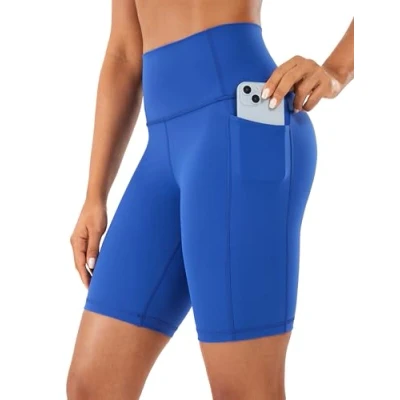 Image of CRZ Yoga Women&#039;s Naked Feeling 8&#039;&#039; Shorts with Pockets High Waisted Gym Cycling Fitness Waves Blue 10
