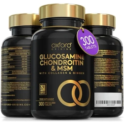 Image of Glucosamine and Chondroitin MSM Tablets High Strength 300 Sulphate with Collagen, Citrus Bioflavonoid Ginger Root Extract Men Women Made in the UK