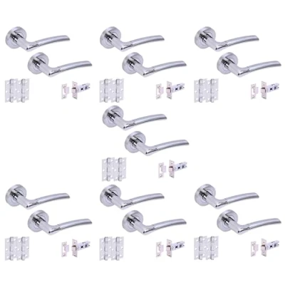 Image of HANDLEZONE® 7 Sets Columba Premium Internal Door Handles on Rose Lever Latch Packs with 75mm Ball Bearing Hinges and 65mm Latches Dual Polished/Satin Chrome