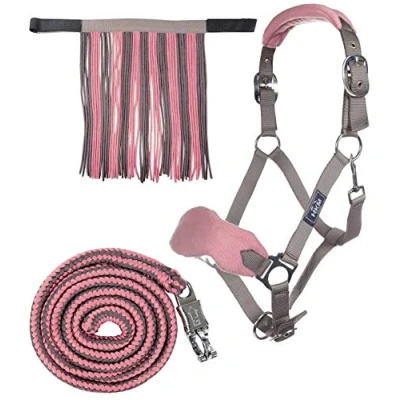 Image of HKM 10734 Halter Set, Fly Fringe Knitted 180 cm Panic Hook Mocha Milky Pink, Crossbred