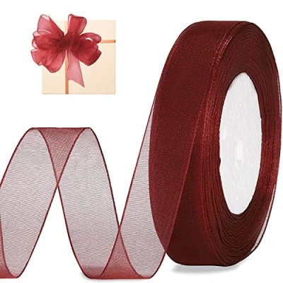 Image of Sheer Red Organza Chiffon Ribbon, 20mm x 45m for Gift Wrapping Sewing, Ribbon Clear Birthday Fabric Crafting, Making Wreath Bows,Wedding Party Decorations