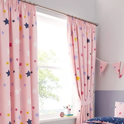 Image of Happy Linen Company Girls Boys Kids Multi Stars Pink 66&quot; x 72&quot; Ring Track Pole Fully Lined Pencil Pleat Curtain Set