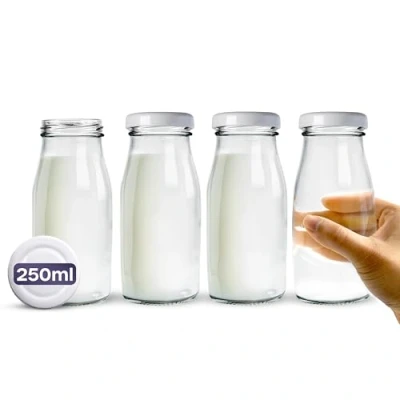 Image of volila Glass Milk Bottles with Lids 4 Pack x 250ml Lids, Labels, and Pen Reusable Bottle for Juices, Dressings, Sauces, Beverages, Decoration Storage (White Lid)