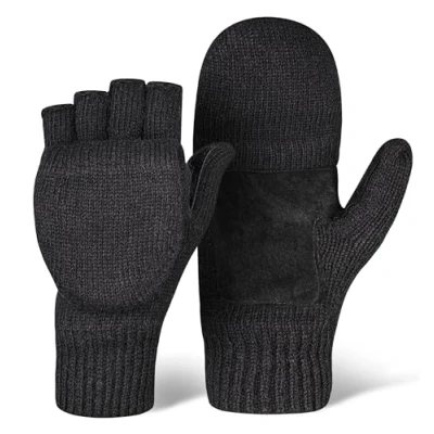 Image of OutdoorEssentials Fingerless Winter Gloves Convertible Mittens for Men &amp; Women Warm Knit Flip Top Wool Mitten Gloves, Black, S