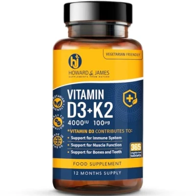 Image of Vitamin D3 4000iu Plus K2 100ug (MK7) 365 High Strength Vegetarian Tablets 12 Months Supply Easy to Swallow, for Immune System, Bone, Teeth and Muscle Function Support Made in The UK
