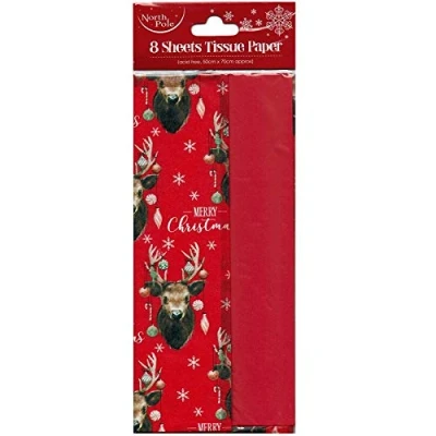 Image of North Pole 8 Sheets Red Xmas Stag &amp; Plain Tissue Wrap Paper