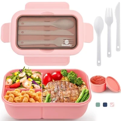 Image of Sinnsally Lunch Box,1250ml Stackable Bento Box for Kids Adults,Packed Food Container with 3 Compartments and Cutlery Set,Layered Lunchbox,Leakproof, Rectangle,Microwave Dishwasher Safe(Pink)