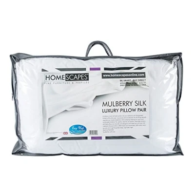 Image of HOMESCAPES Pure Mulberry Silk Blend Pillow Pair Super Soft 100% Cotton Casing Anti Dust Mite &amp; Allergenic Wash at Home Luxury