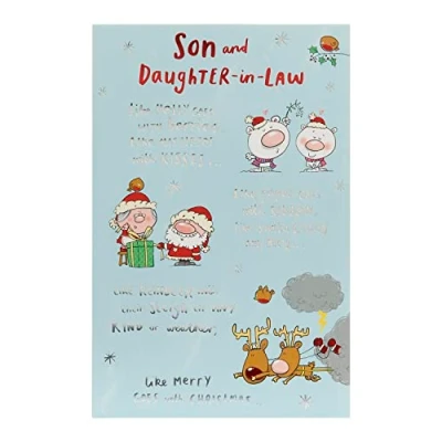 Image of UK Greetings Christmas Card for Son &amp; Daughter In Law Red Silver Foil Design