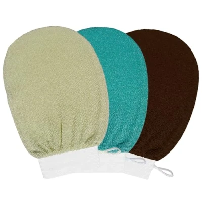 Image of kurkip Exfoliating Mitt Glove, 3pcs Body Scrub Bath Spa Shower Gloves, Leg Scrubber Soft Korean Exfoliator Exfoliation Wash Mitts for Women &amp; Men(Brown+Emerald+Ginger)