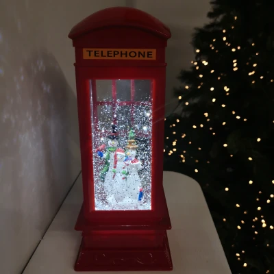 Image of 26.5cm Premier Christmas Water Spinner Telephone Box Design with Snowman Scene Dual Power
