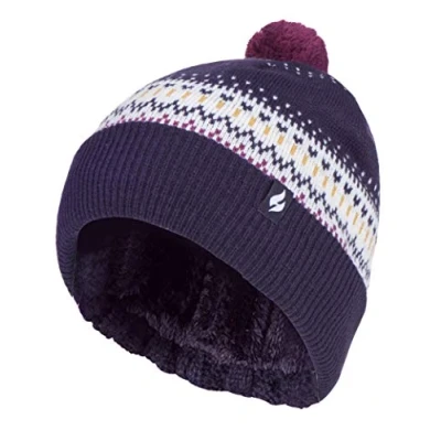 Image of HEAT HOLDERS Ladies/Womens Retro Knitted Beanie Bobble Hat with Small Faux Fur Pom (One Size, Purple)