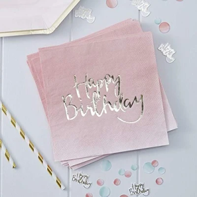 Image of Ginger Ray Pink Ombre Happy Birthday Party Paper Napkins 20 Pack