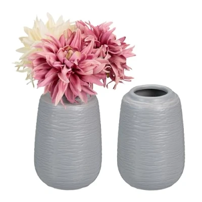 Image of Relaxdays Ceramic Vase, Set of 2, HxD: 15 x 10 cm, for Fresh &amp; Dried Flowers, Table Decoration, Centrepiece, Grey