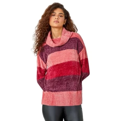 Image of Roman Chenille Striped Cowl Neck Jumper for Women UK Ladies Autumn Everyday Winter Holiday Long Sleeve Soft Ribbed Hemline Comfy Colourblock Daywear Sweaters Wine Size 12