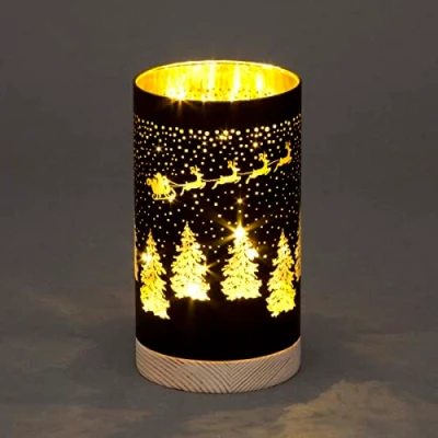 Image of SHATCHI 23cm Christmas Decorated Vase Table Lamp Etched Glass Tube Santa Sleigh Scene Black Cylinder LED Fairy Lights Battery Operated