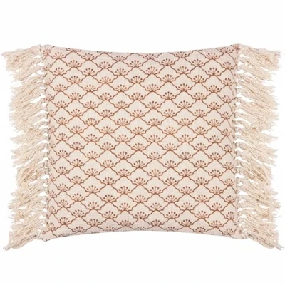 Image of Yard Saku Blossom Fringed Filled Cushion Brown Cotton Size 50 cm x