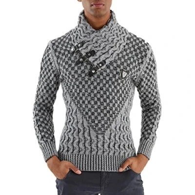 Image of Leif Nelson Men&#039;s Knitted Pullover Shawl Collar Slim Fit Winter Summer Modern Men Black Jumper T Shirt Long Sleeve with Hoodie Wool 5255, grey/black, M