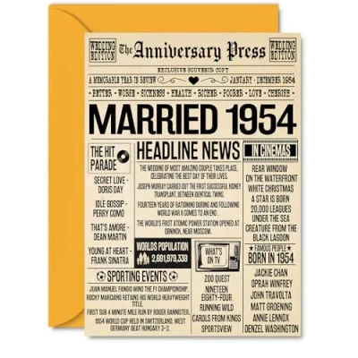 Image of 70th Anniversary Cards for Men Women Married 1954 Newspaper Happy 70 Wedding Card Husband Wife Grandma Grandad Nan Vintage Retro 1954, A5 Greeting