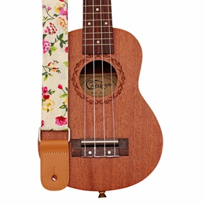 Image of MUSIC FIRST Original Design “Rosa Multiflora in Green Soft Cotton &amp; Genuine Leather Ukulele Strap Shoulder