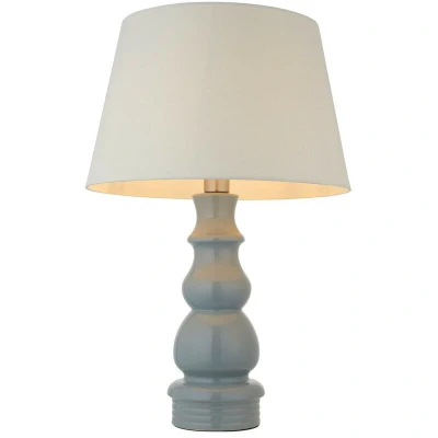Image of Provence &amp; Cici Base Shade Tall Table Lamp Blue Grey Glaze, Satin Nickel Plate Ivory Linen Fabric