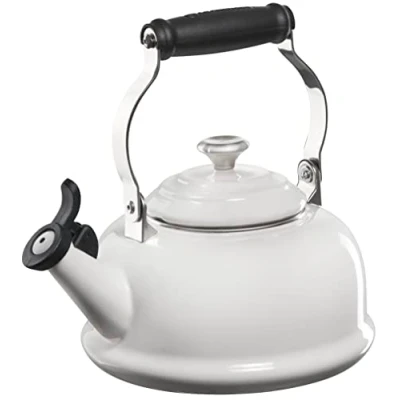 Image of Le Creuset Enamel On Steel Whistling Tea Kettle with Metal Finishes, 1.7 qt., White