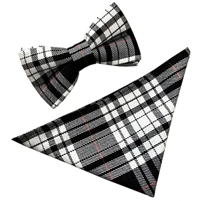 Image of Menzies Black &amp; White Tartan Scottish Bow Tie Hanky Set