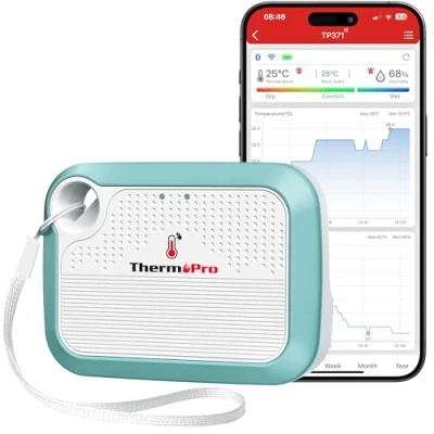Image of ThermoPro WiFi Hygrometer Thermometer, Wireless Humidity Meter Temperature and Monitor with Reliable Connectivity, Bluetooth Sensor App Alerts Data Storage Export TP371