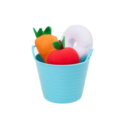 Image of LeMieux Toy Pony Treat Bucket Soft Fabric Apple, Carrot &amp; Mint Treats Hook Loop Fastenings Attach to Inside of Pony&#039;s Mouth Suitable for Ages 3+