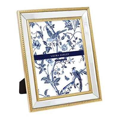 Image of Laura Ashley 8x10 Gold Mirror Bead Picture Frame, Classic Mirrored Frame with Beaded Border, Wall Mountable, Made for Tabletop Display, Photo Gallery and Art, (8x10, Gold)